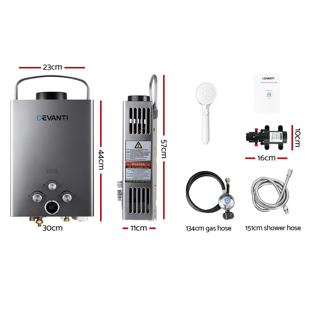 Devanti Portable Gas Water Heater 8L/Min With Pump LPG System Grey - Image 2