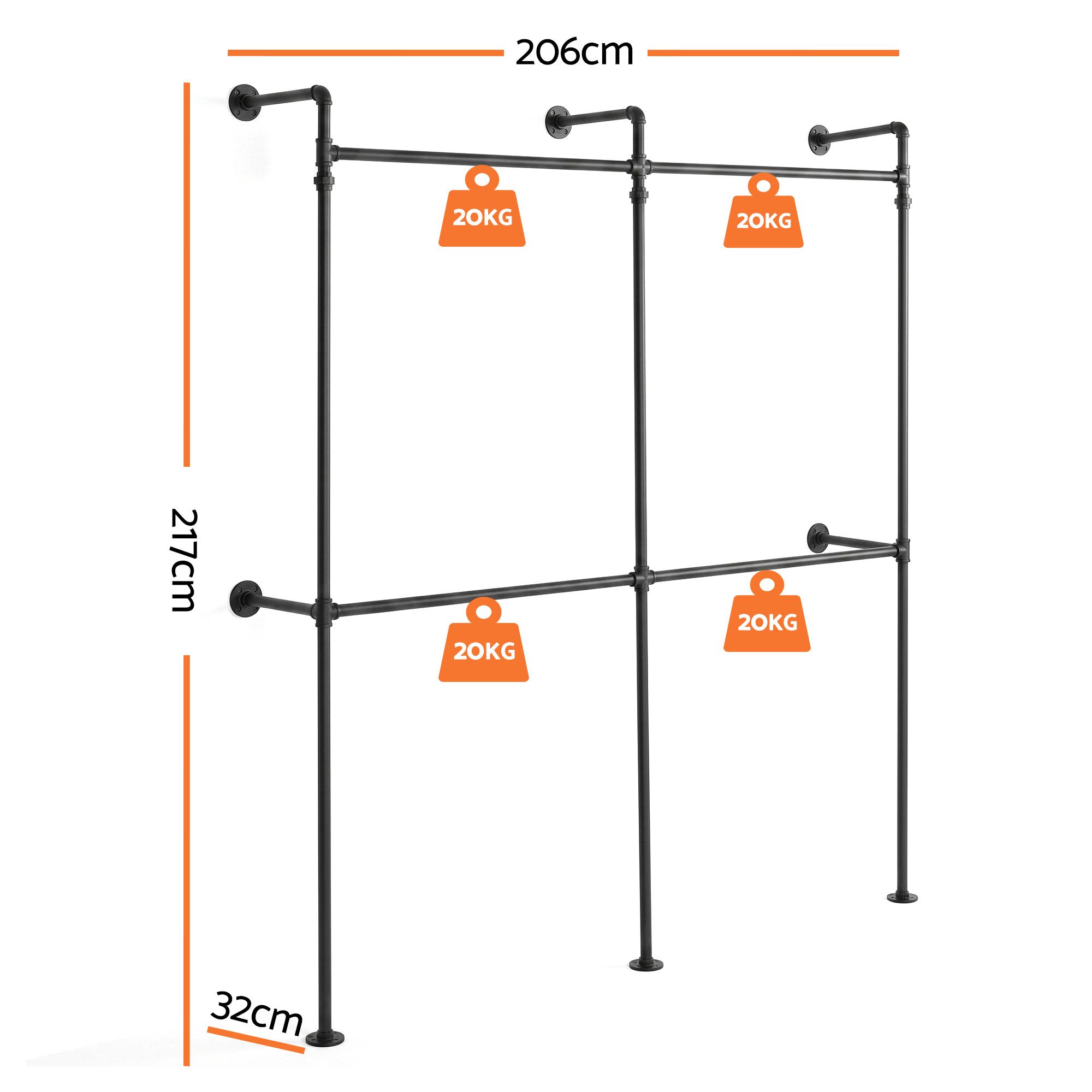 Artiss Industrial Pipe Clothing Rack Garment Clothes Display Stand Wall Mounted - Image 3