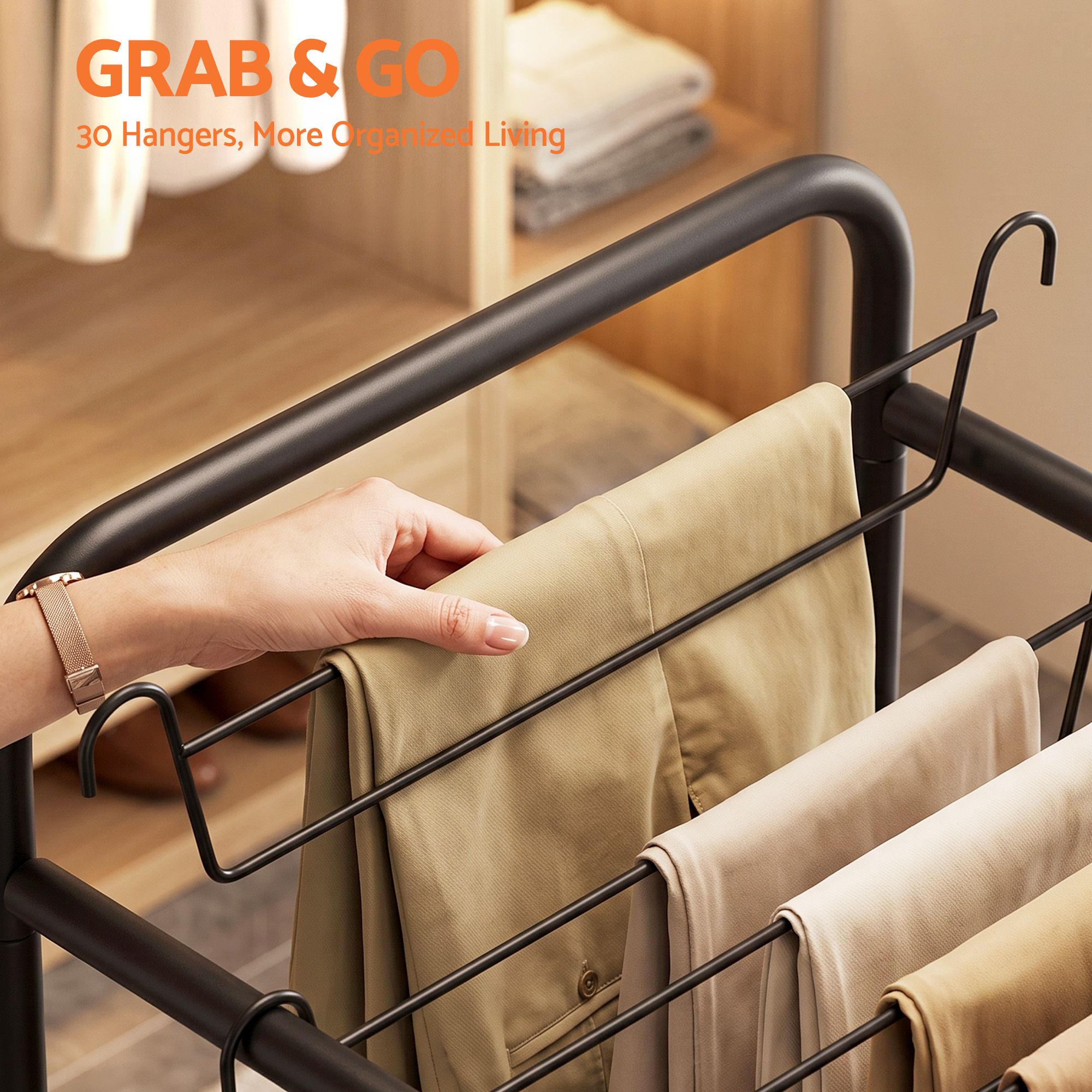 Artiss Pants Trolley Mobile Clothes Rack Clothing Stand with 30 Hangers Wheels Storage Organizer Bag - Image 5