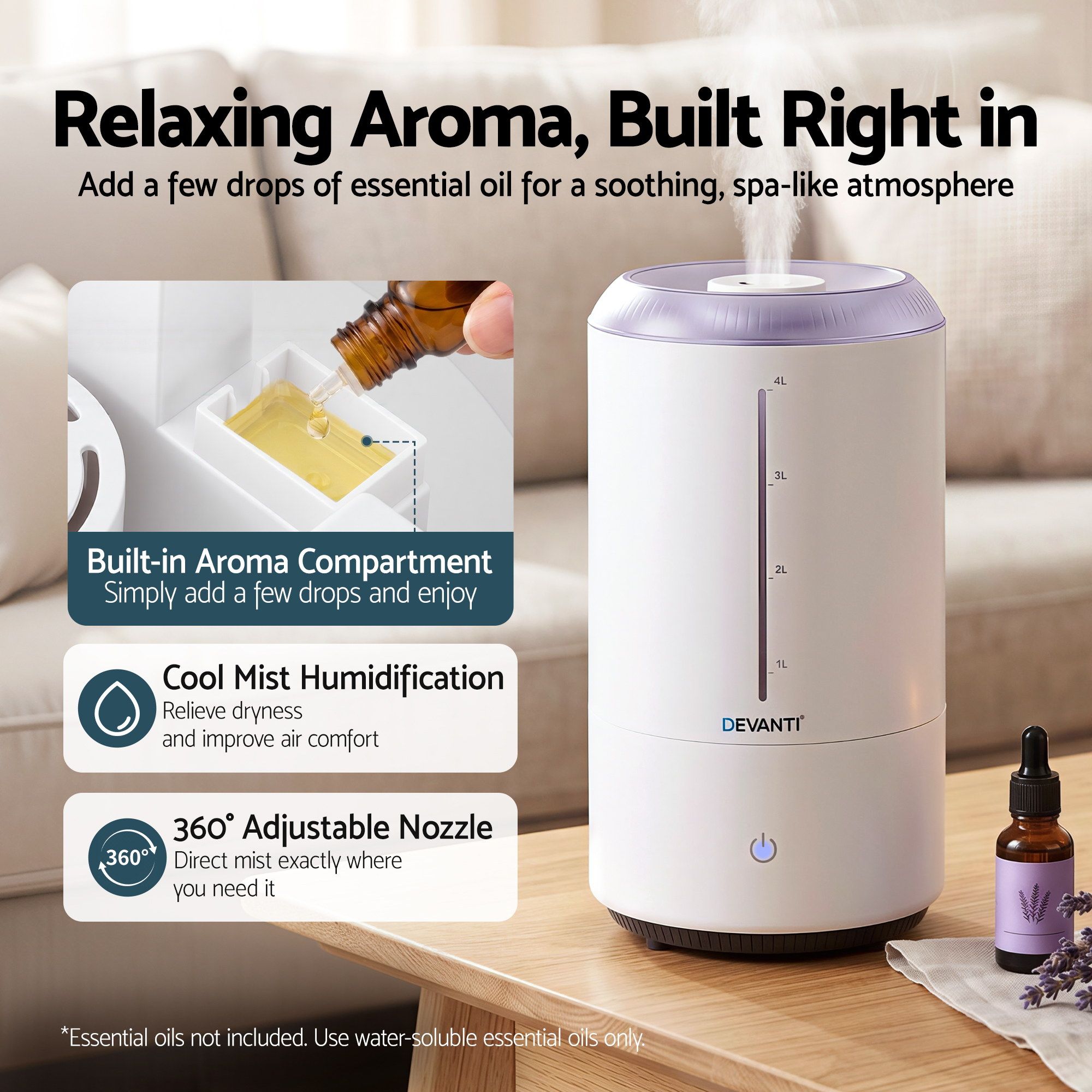 Devanti Ultrasonic Humidifier Aroma Diffuser Top Fill Quiet Bedroom 4L White - Image 4
