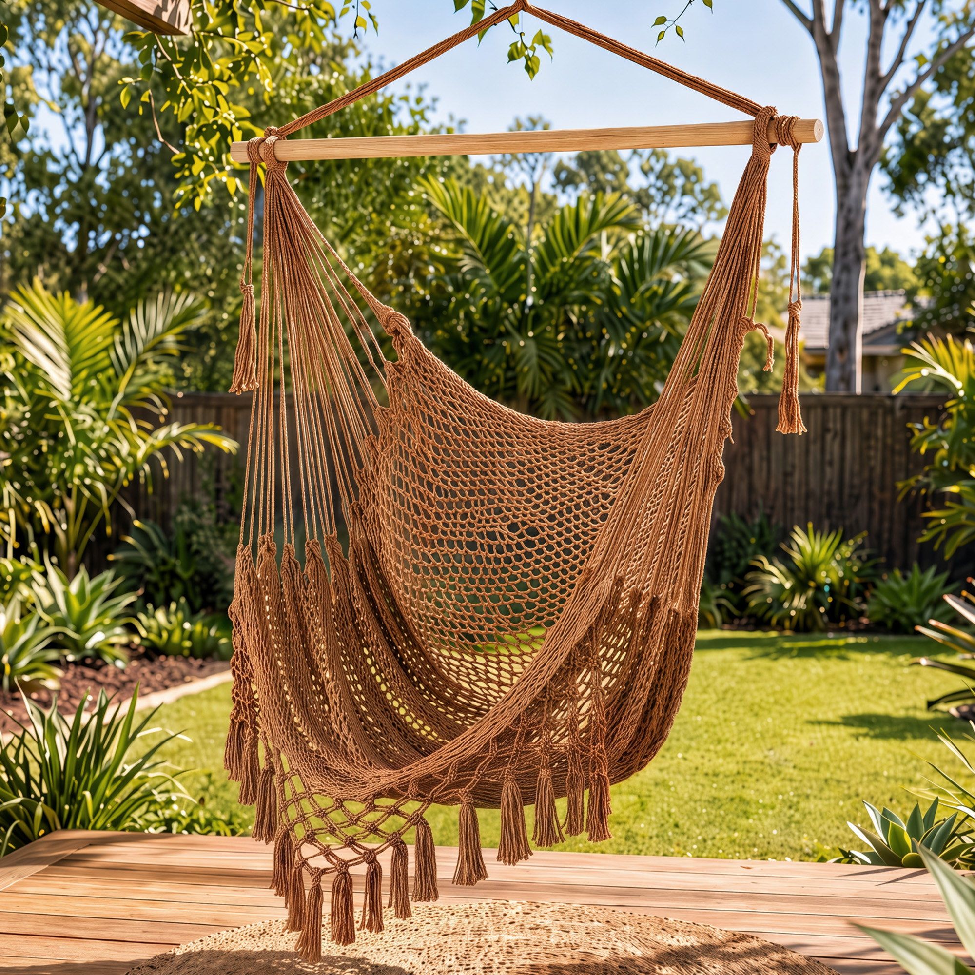 Gardeon Hammock Chair Camping Hanging Chair with Spreader Bar Tassels Brown - Image 1