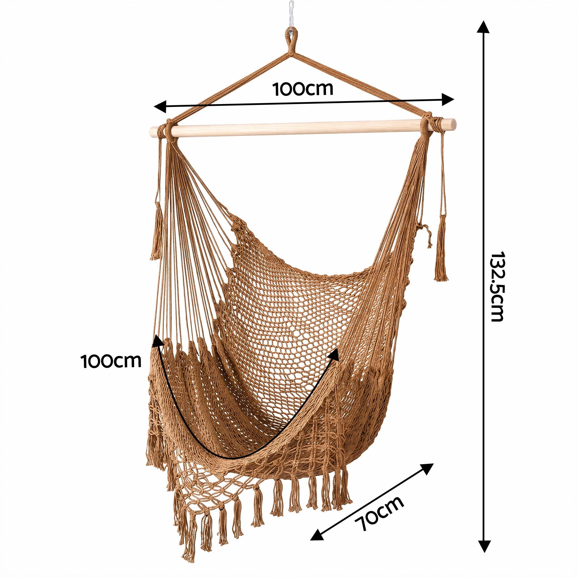 Gardeon Hammock Chair Camping Hanging Chair with Spreader Bar Tassels Brown - Image 2