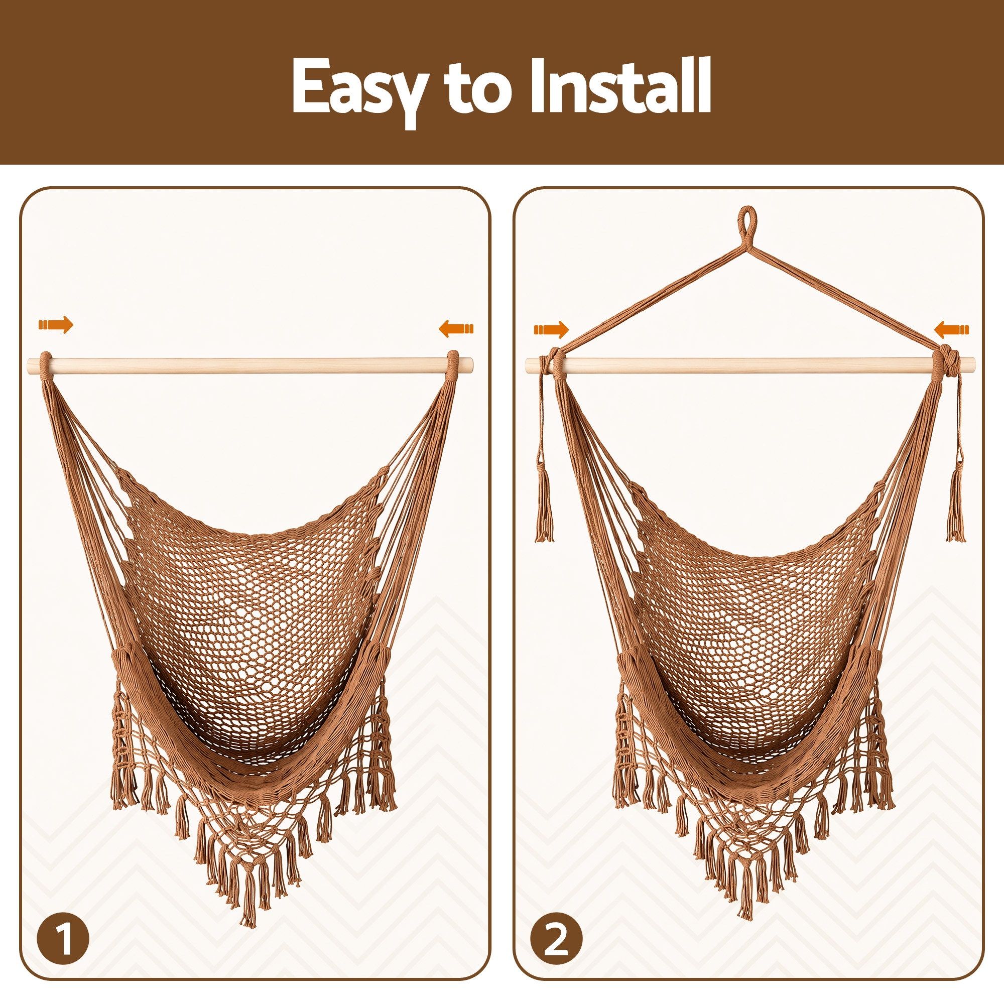 Gardeon Hammock Chair Camping Hanging Chair with Spreader Bar Tassels Brown - Image 7