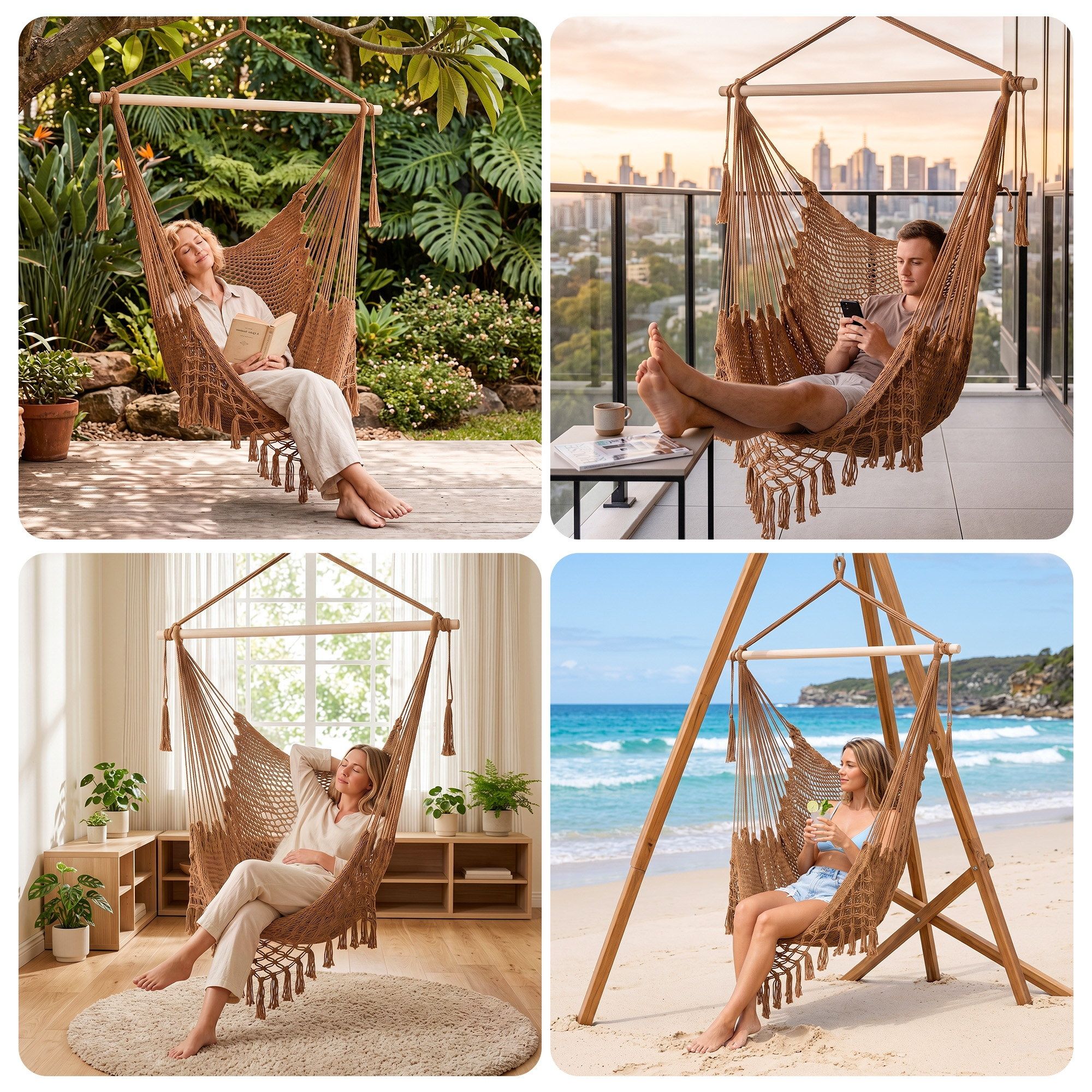 Gardeon Hammock Chair Camping Hanging Chair with Spreader Bar Tassels Brown - Image 8