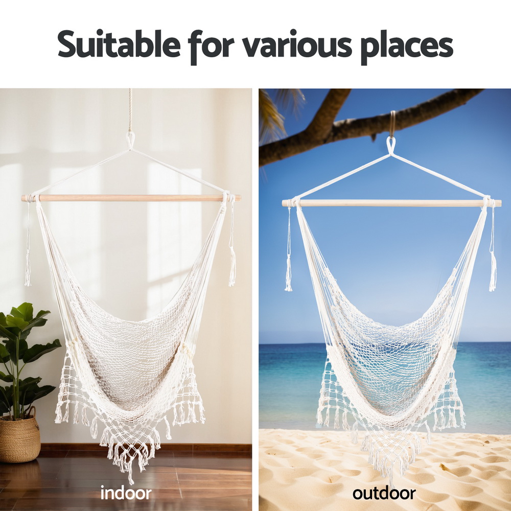 Gardeon Hammock Chair Swing Camping Mesh Cream - Image 6
