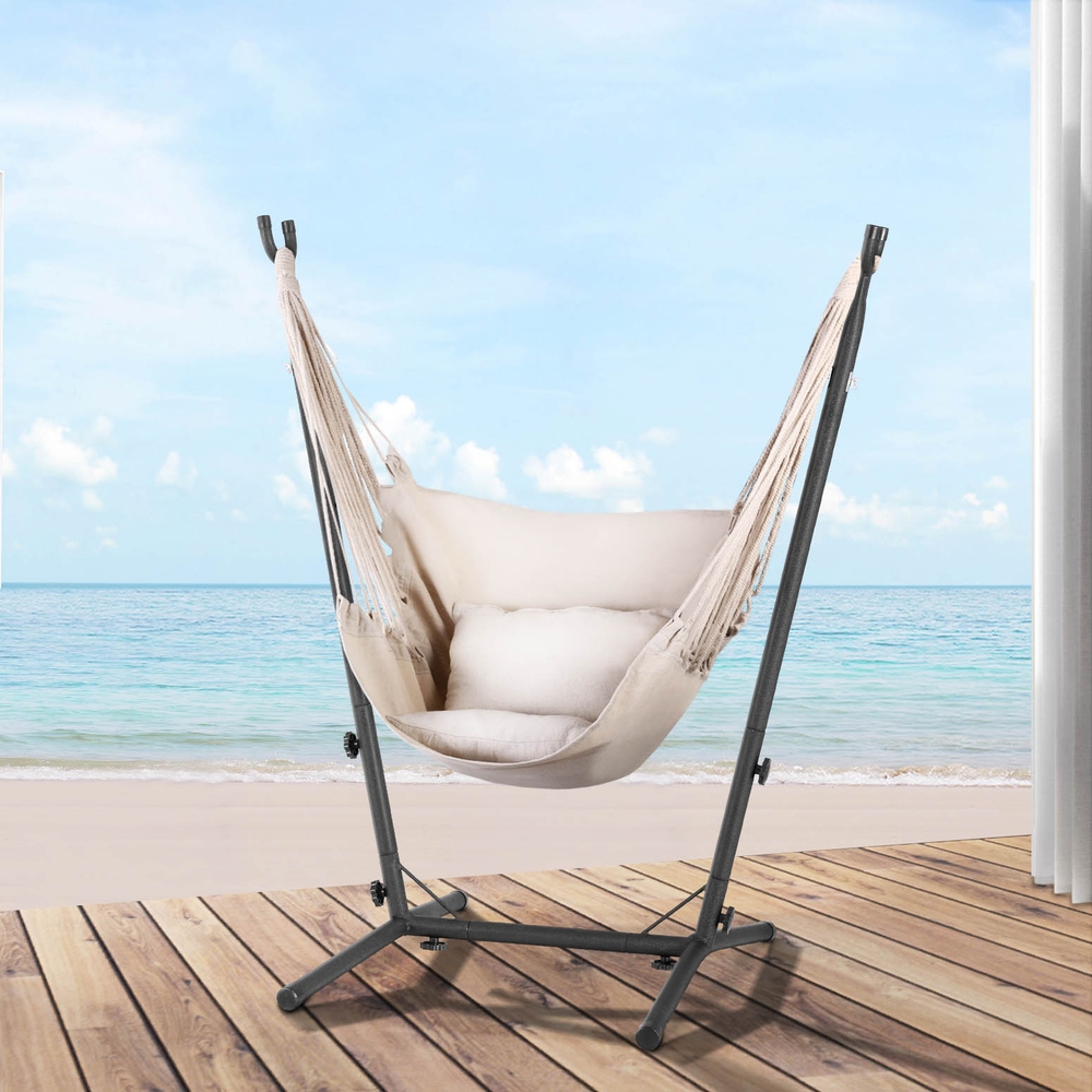 Gardeon Hammock Chair Outdoor Camping Hanging with Stand Cream - Image 7