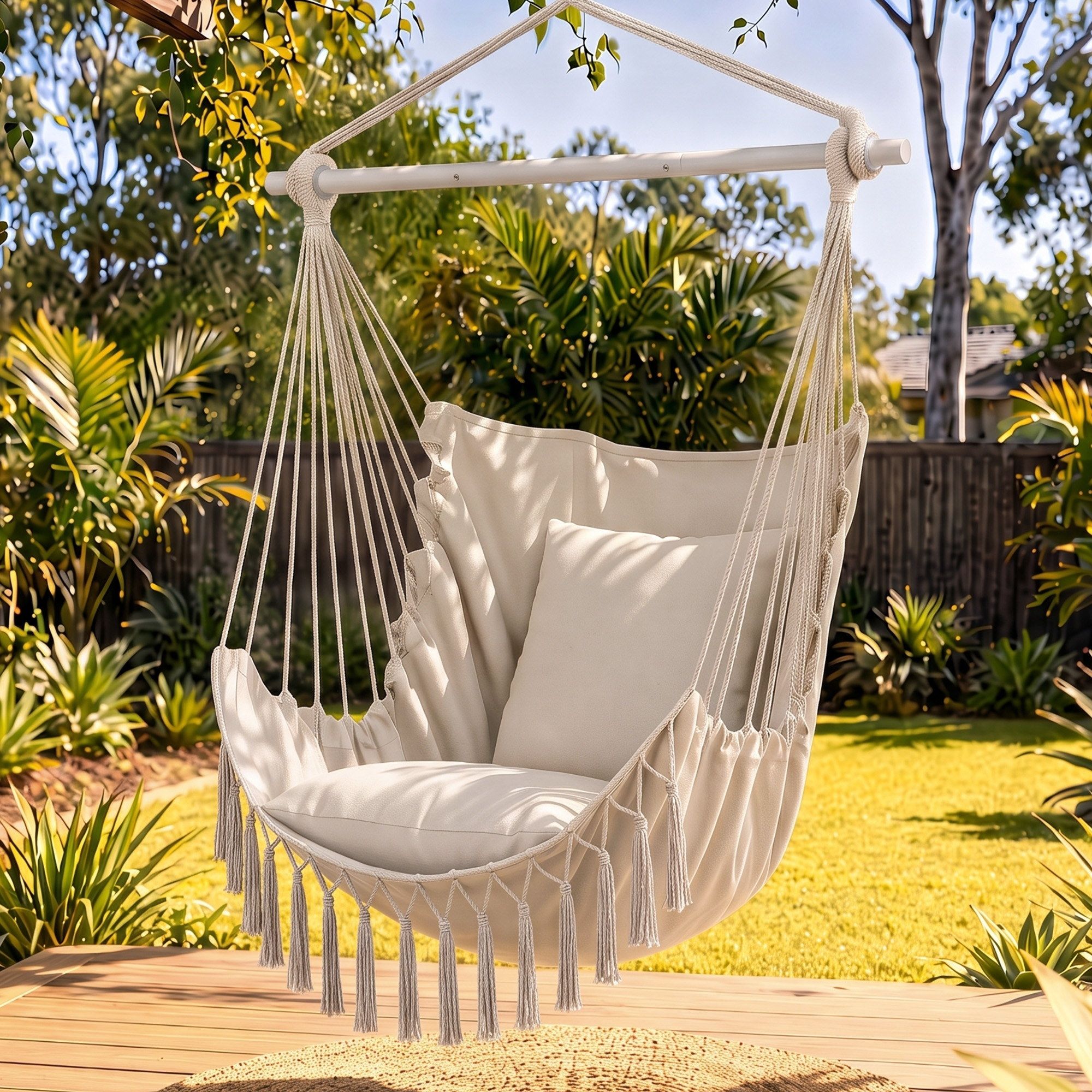 Gardeon Hammock Chair Camping Macrame Hanging Swing Cushions Metal Bar Cream - Image 1
