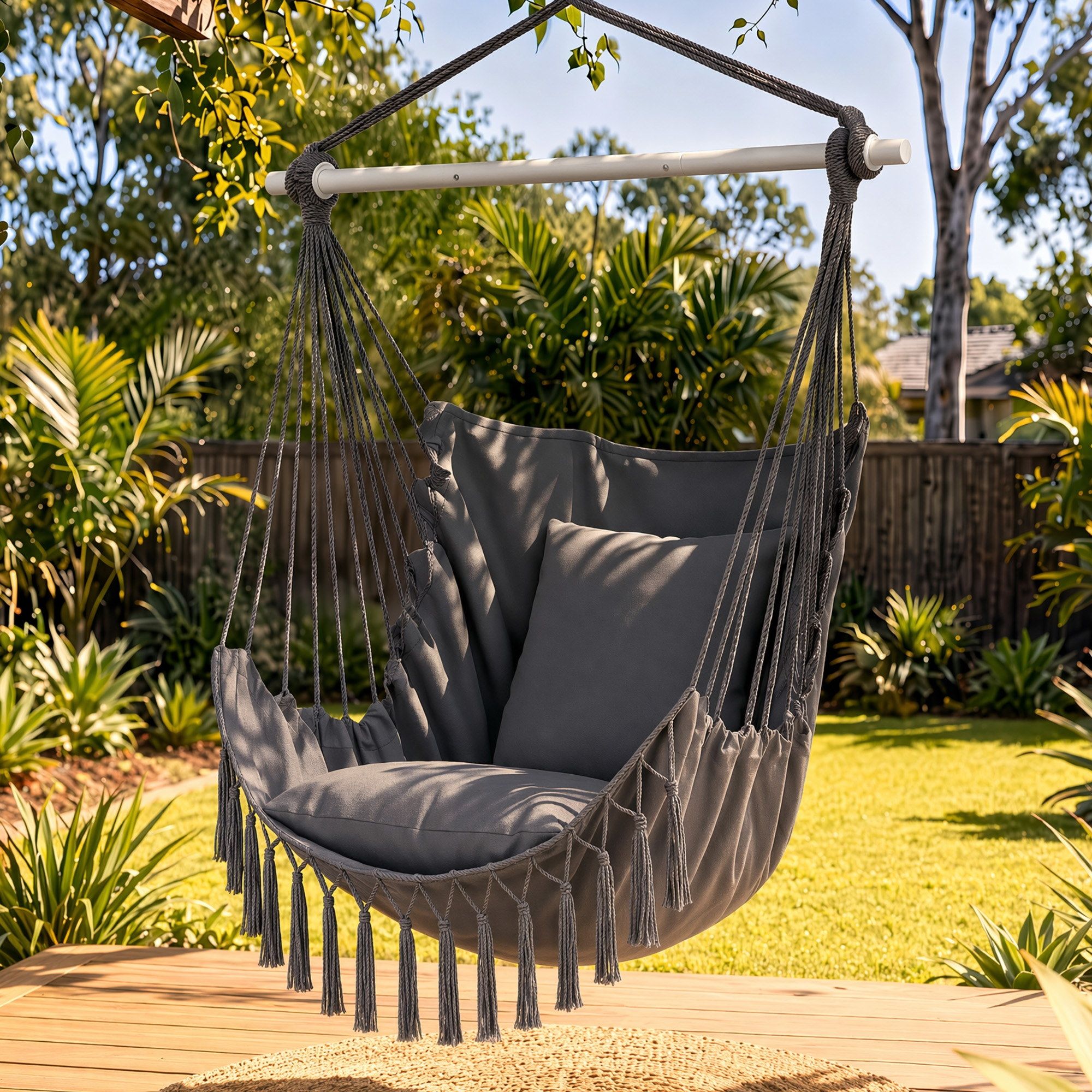 Gardeon Hammock Chair Camping Macrame Hanging Swing Cushions Metal Bar Grey - Image 1