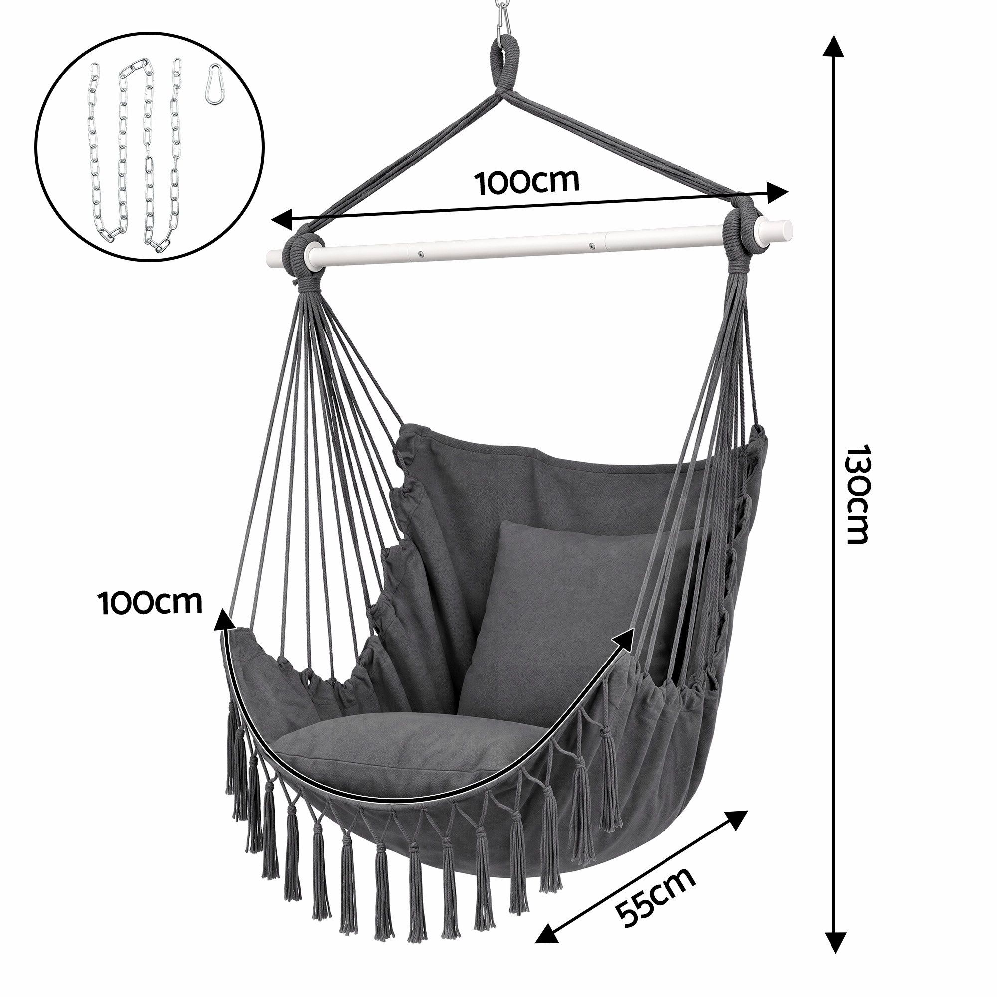 Gardeon Hammock Chair Camping Macrame Hanging Swing Cushions Metal Bar Grey - Image 2