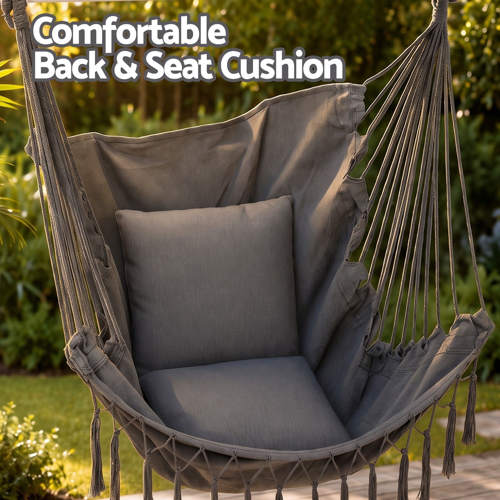 Gardeon Hammock Chair Camping Macrame Hanging Swing Cushions Metal Bar Grey - Image 6