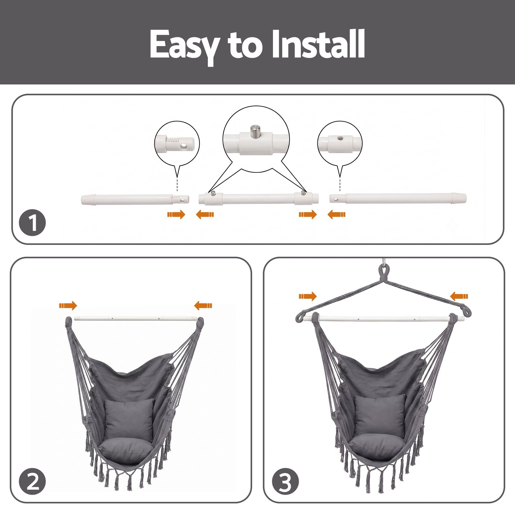 Gardeon Hammock Chair Camping Macrame Hanging Swing Cushions Metal Bar Grey - Image 7