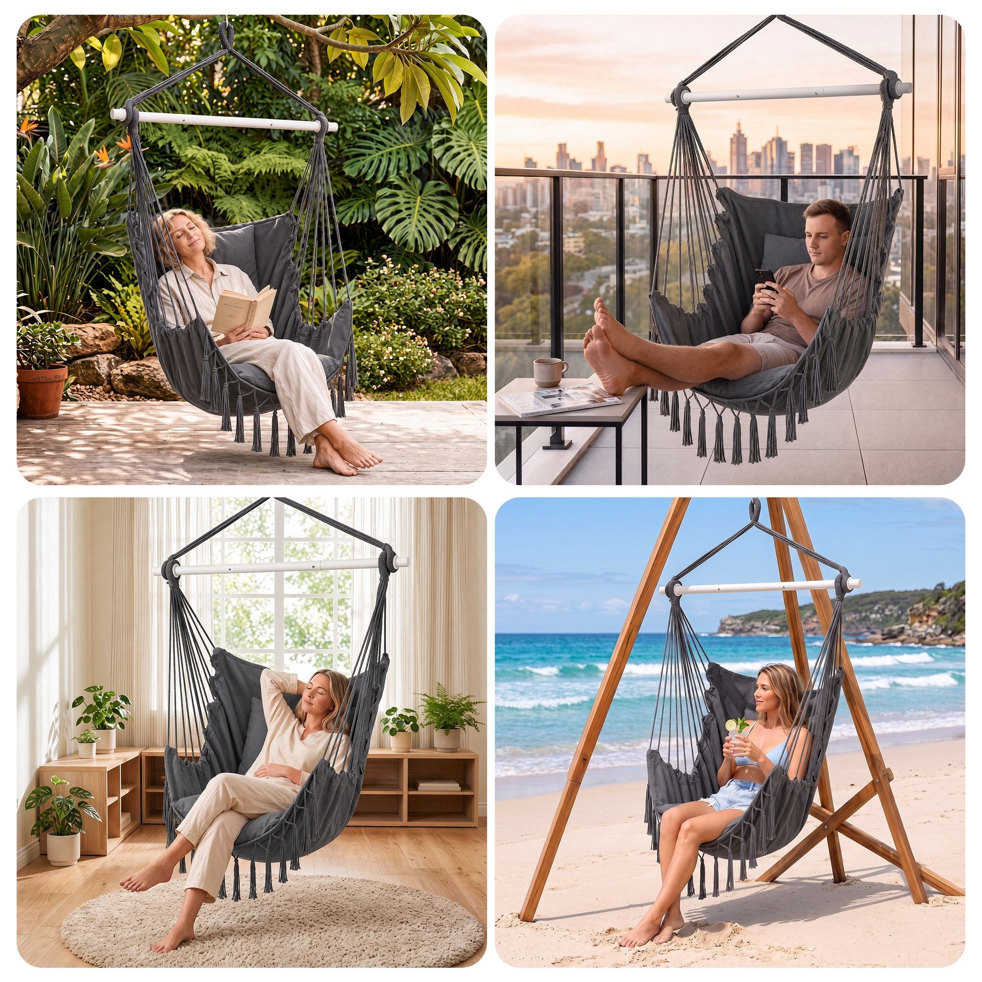 Gardeon Hammock Chair Camping Macrame Hanging Swing Cushions Metal Bar Grey - Image 8