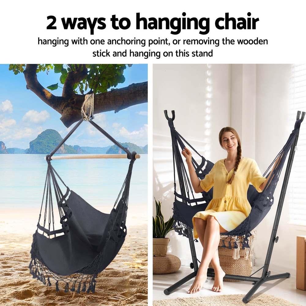 Gardeon Hammock Chair Outdoor Camping Hanging with Stand Grey - Image 5