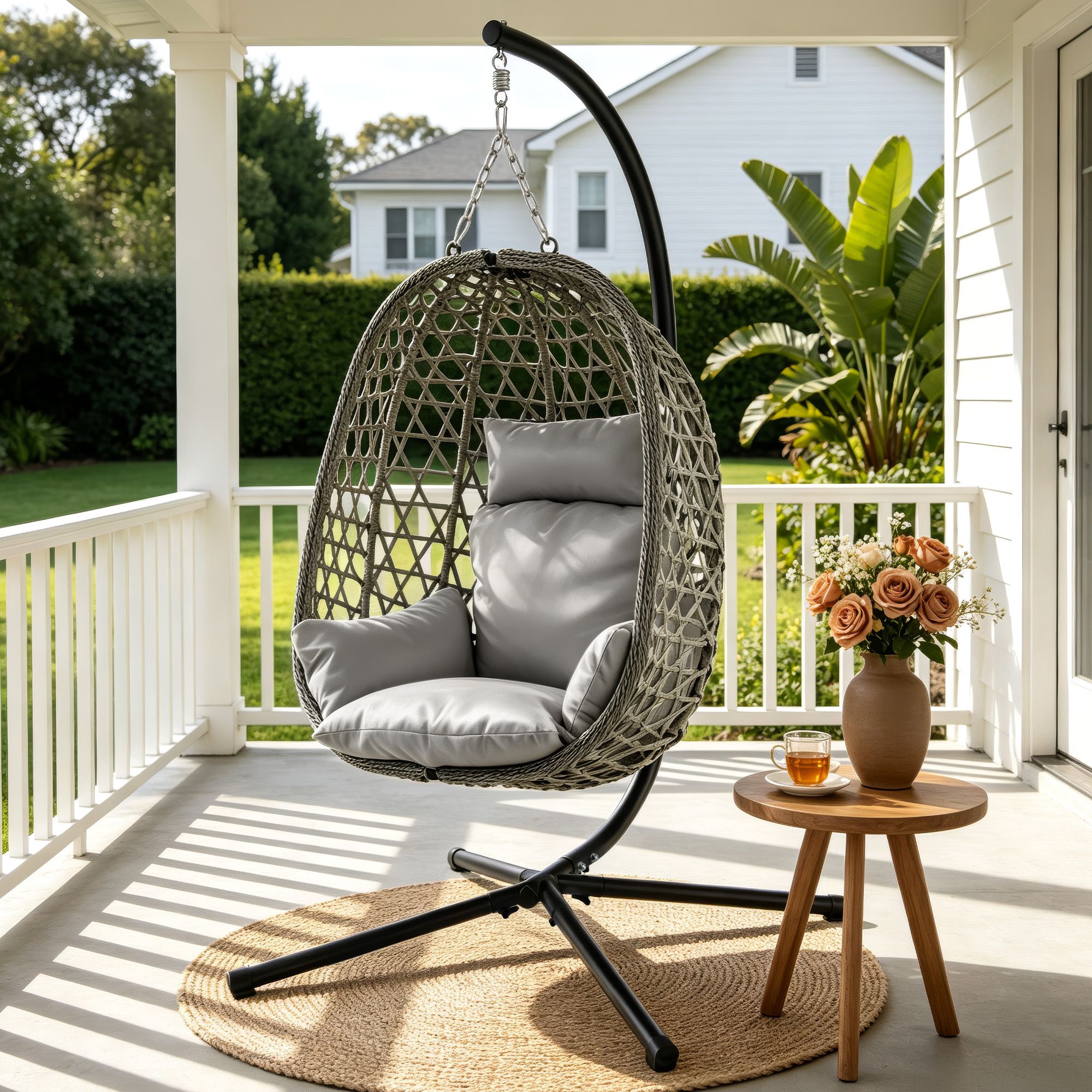 Gardeon Outdoor Swing Chair with Stand Cushion Rattan Furniture Grey - Image 1
