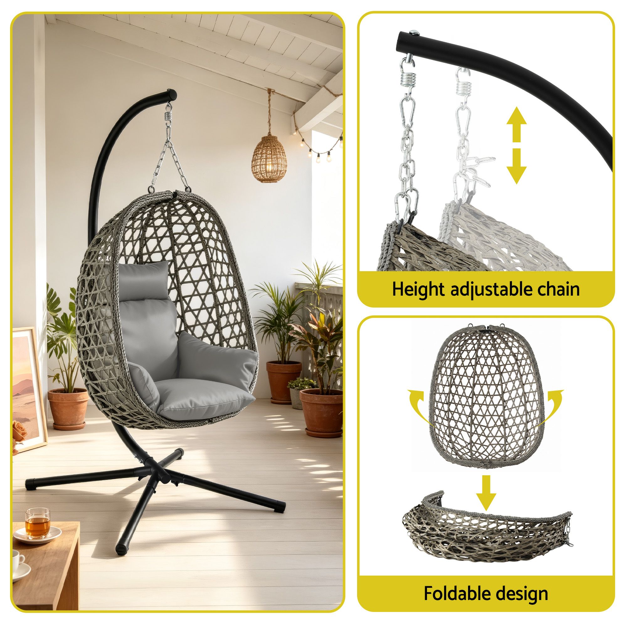 Gardeon Outdoor Swing Chair with Stand Cushion Rattan Furniture Grey - Image 4