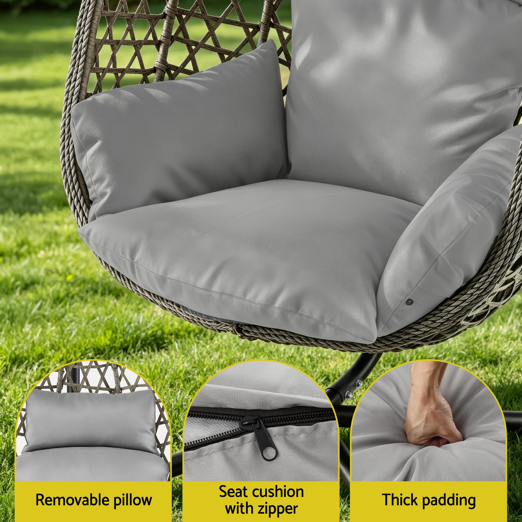Gardeon Outdoor Swing Chair with Stand Cushion Rattan Furniture Grey - Image 5