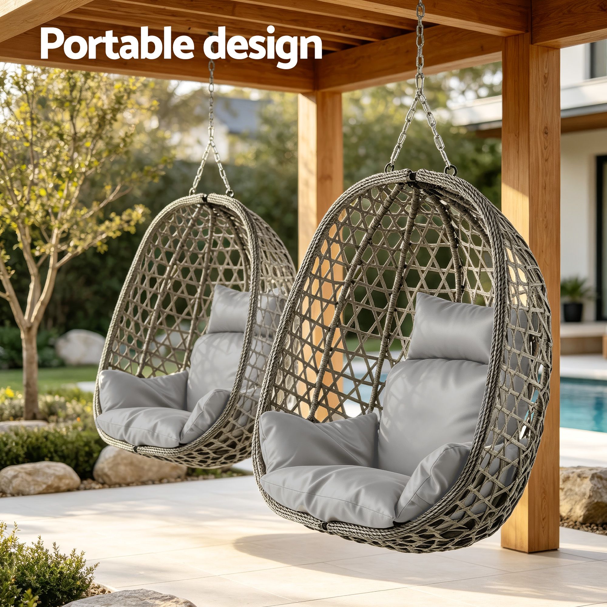 Gardeon Outdoor Swing Chair with Stand Cushion Rattan Furniture Grey - Image 6