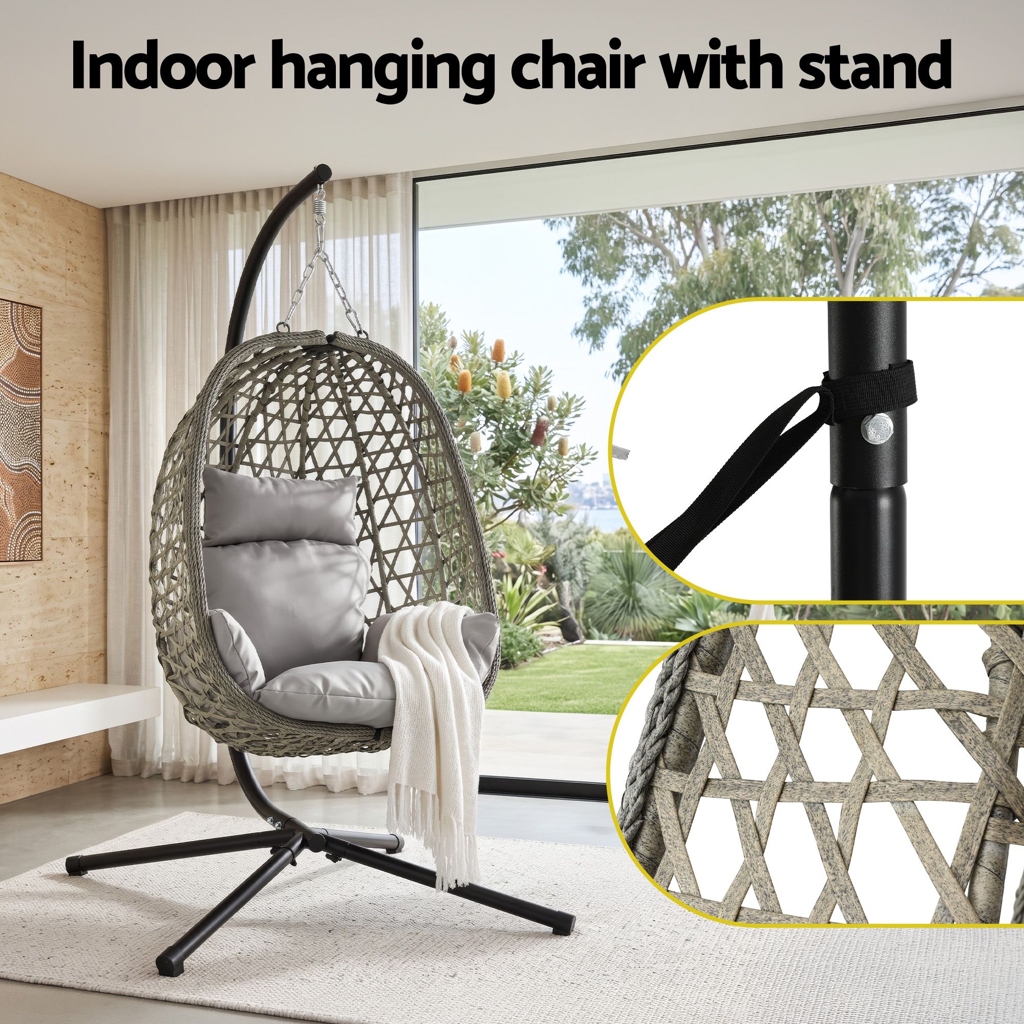 Gardeon Outdoor Swing Chair with Stand Cushion Rattan Furniture Grey - Image 7