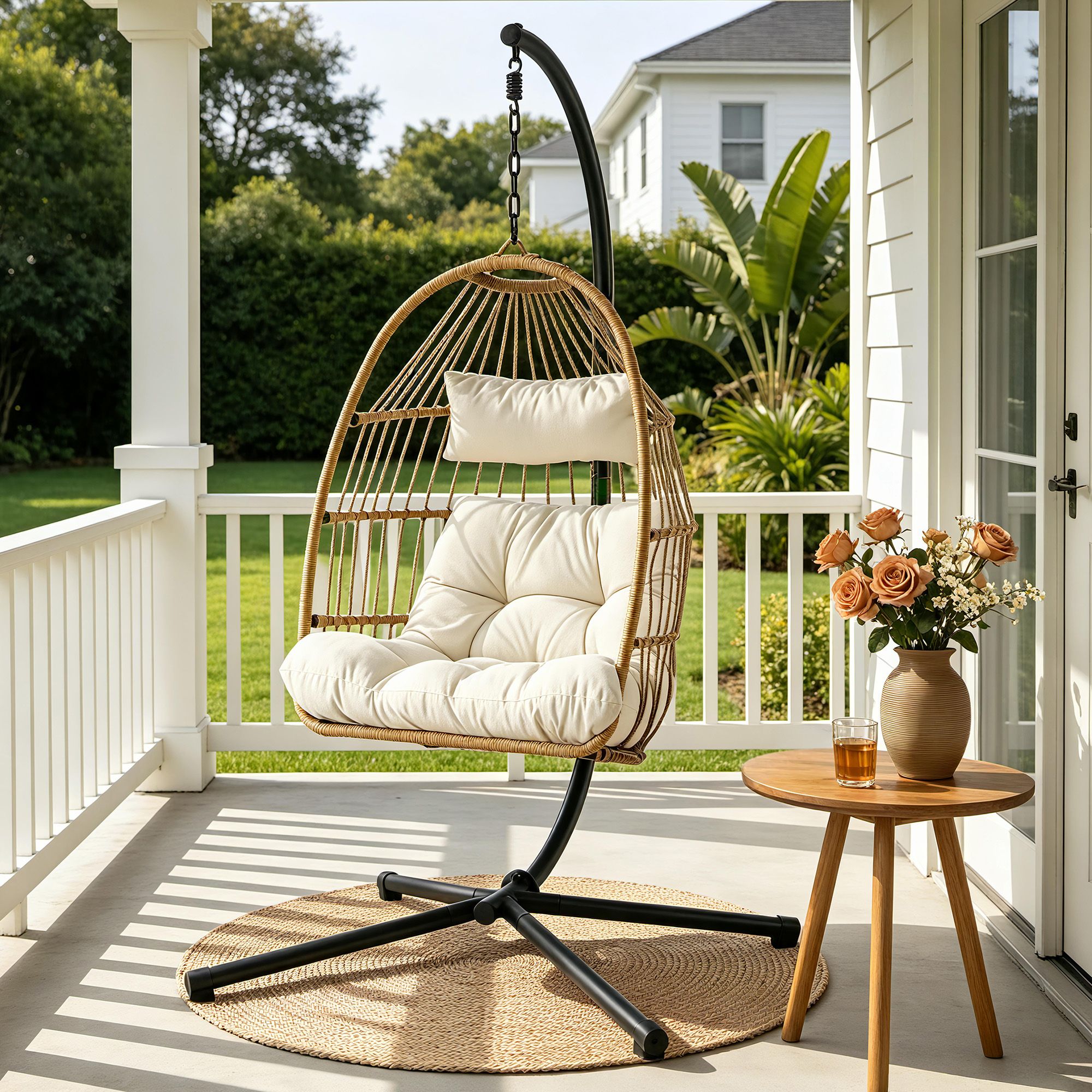 Gardeon Foldable Outdoor Swing Chair with Stand Cushion Rattan Patio Furniture - Image 1