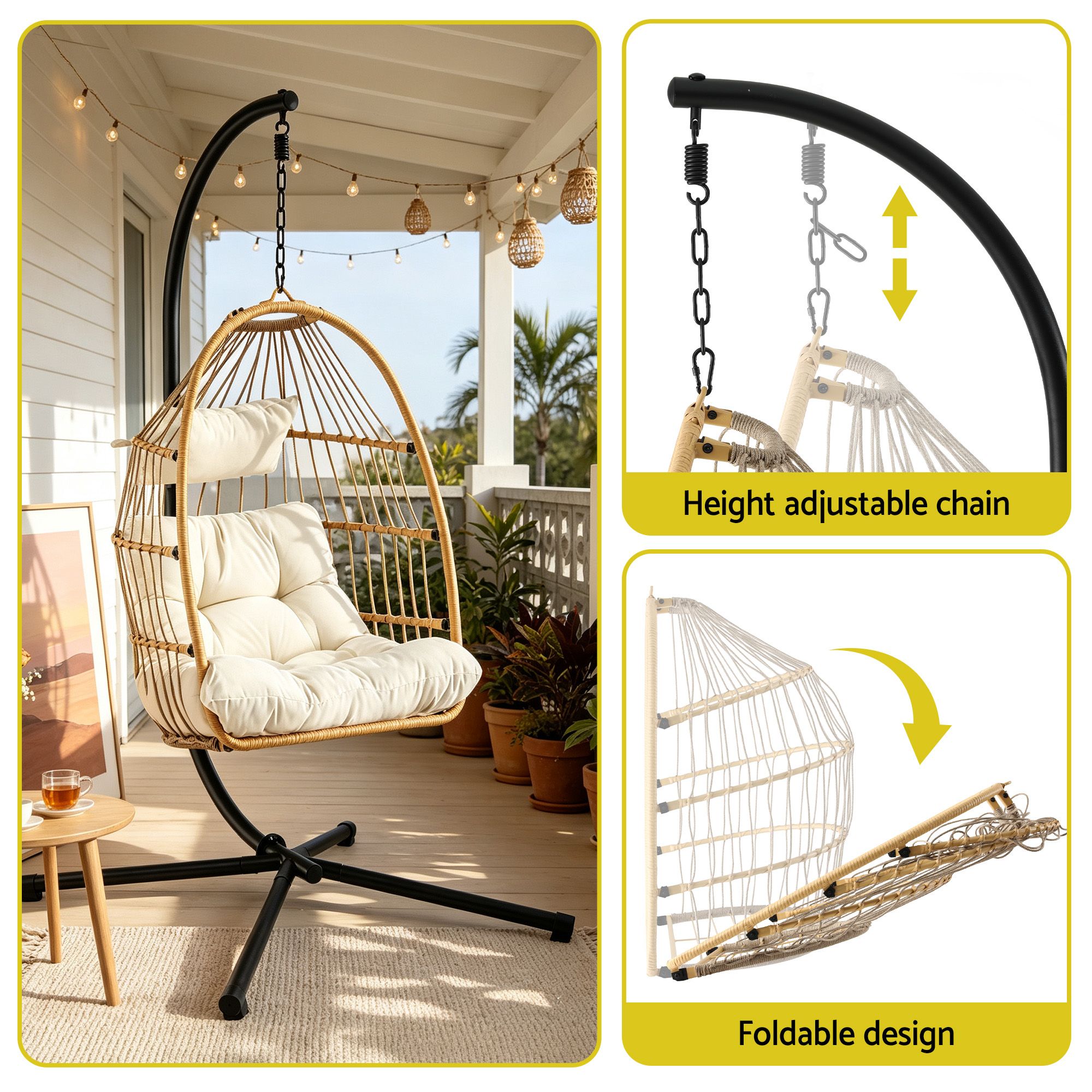 Gardeon Foldable Outdoor Swing Chair with Stand Cushion Rattan Patio Furniture - Image 4