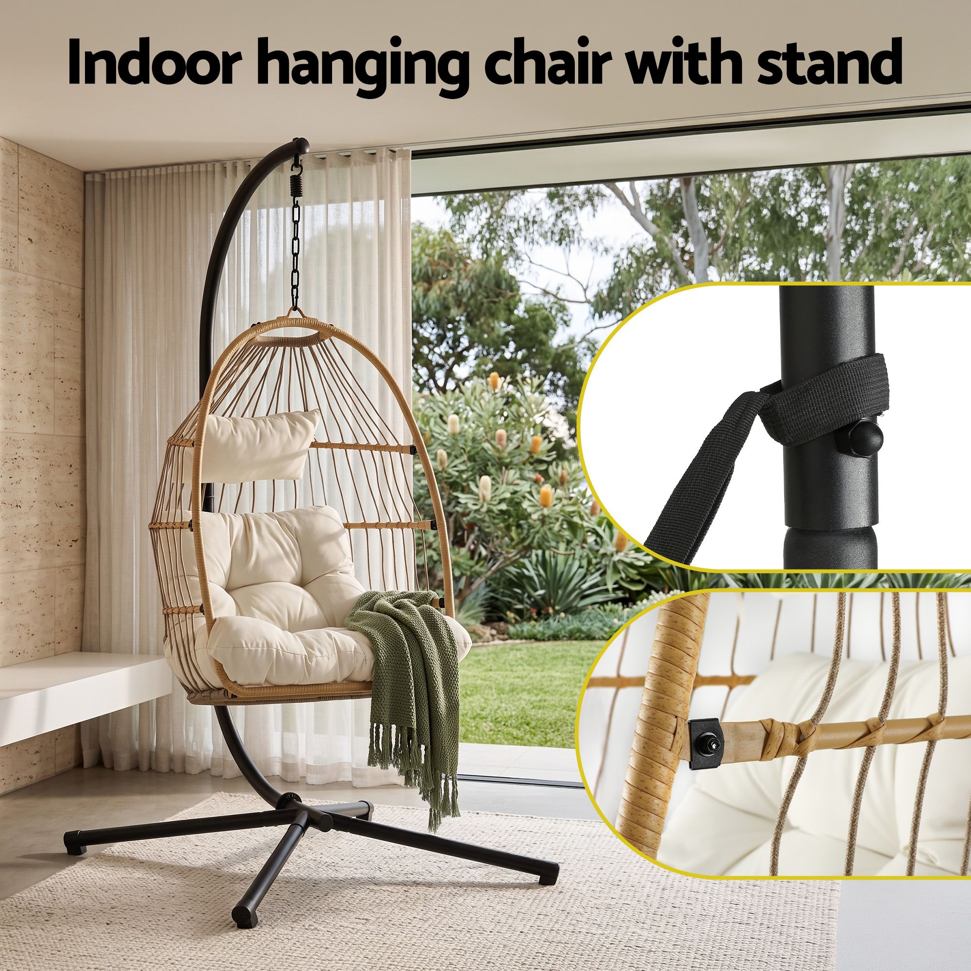 Gardeon Foldable Outdoor Swing Chair with Stand Cushion Rattan Patio Furniture - Image 7