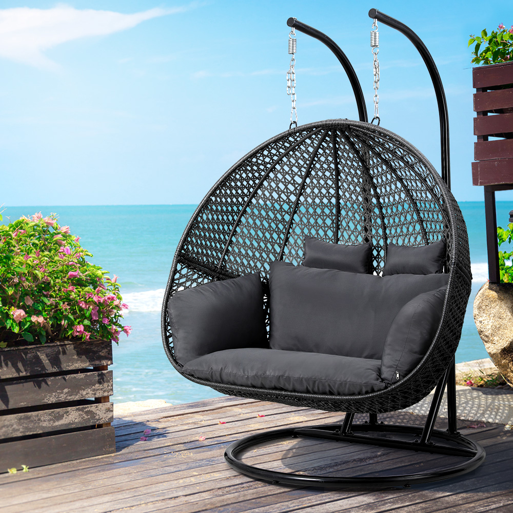 Gardeon Outdoor Egg Swing Chair Wicker Furniture Pod Stand Cushion 2 Seater Grey - Image 1