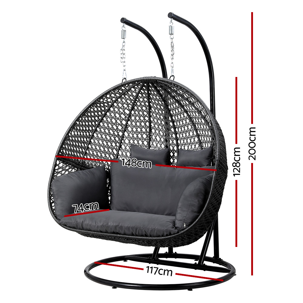 Gardeon Outdoor Egg Swing Chair Wicker Furniture Pod Stand Cushion 2 Seater Grey - Image 2