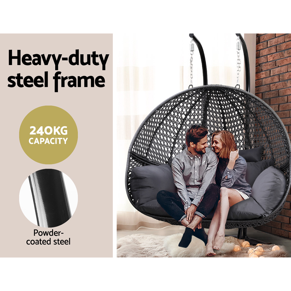 Gardeon Outdoor Egg Swing Chair Wicker Furniture Pod Stand Cushion 2 Seater Grey - Image 4