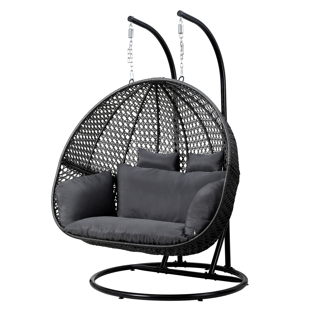 Gardeon Outdoor Egg Swing Chair Wicker Furniture Pod Stand Cushion 2 Seater Grey - Image 7