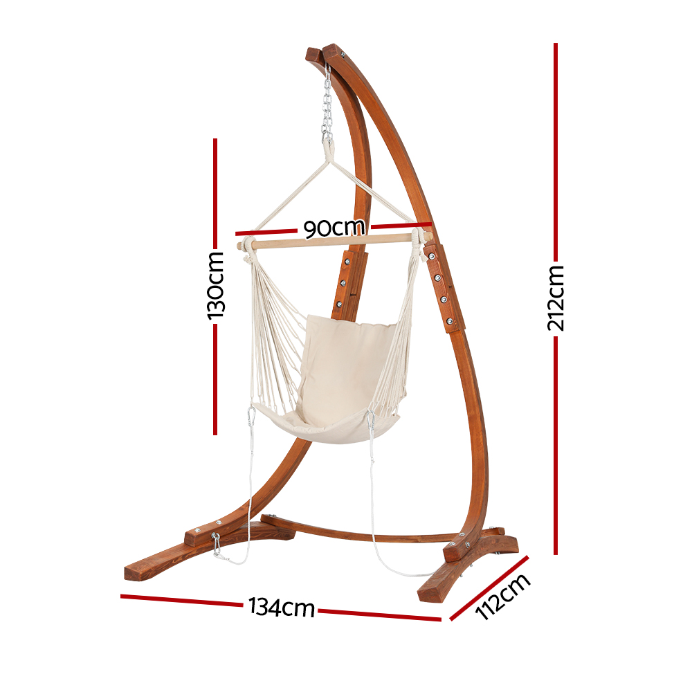 Gardeon Hammock Chair Timber Outdoor Furniture Camping with Stand White - Image 2