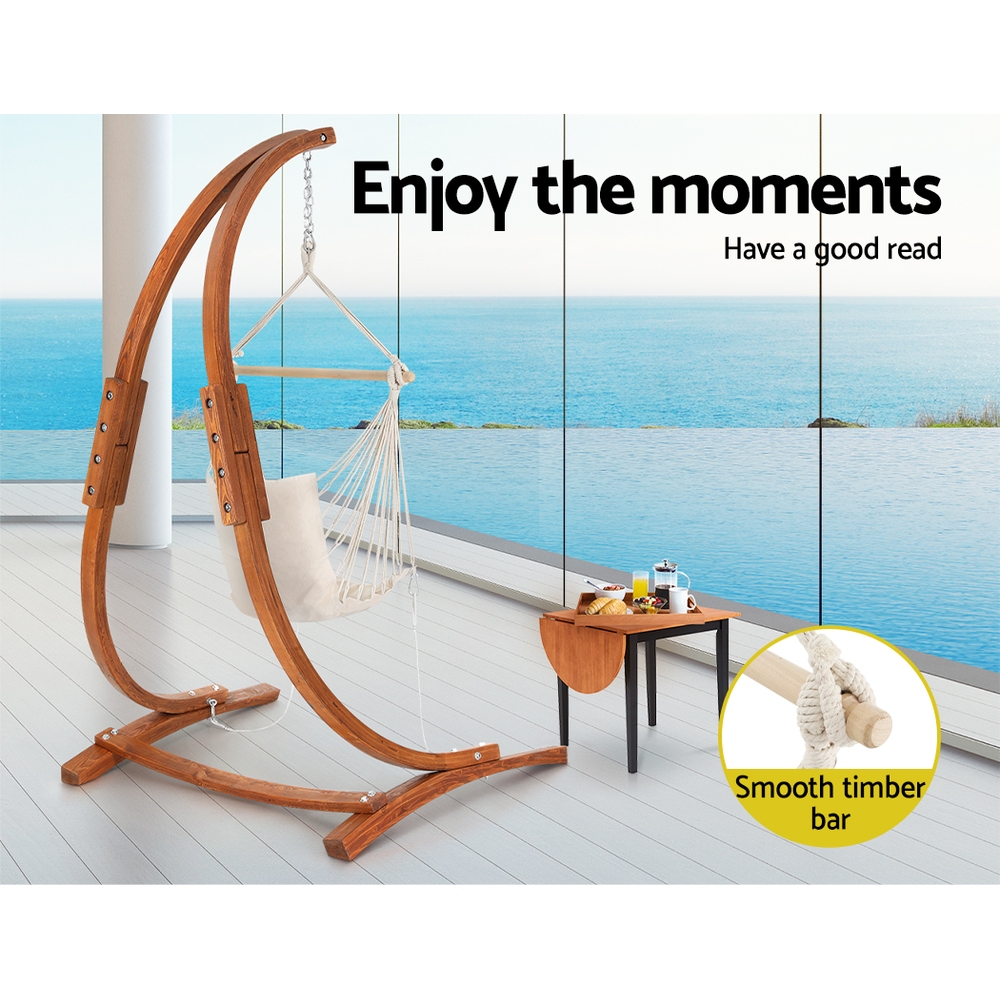 Gardeon Hammock Chair Timber Outdoor Furniture Camping with Stand White - Image 6