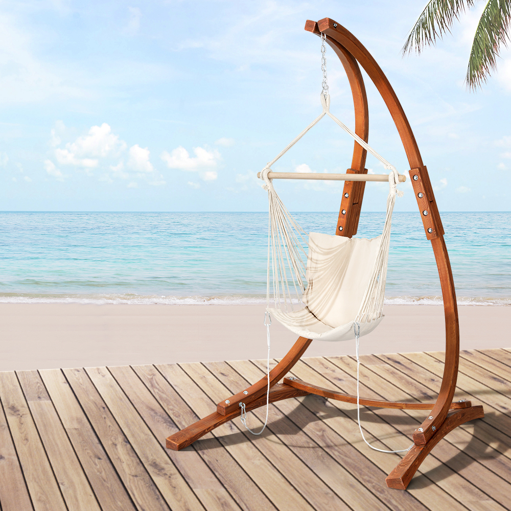 Gardeon Hammock Chair Timber Outdoor Furniture Camping with Stand White - Image 7