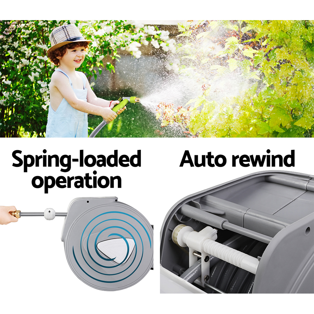 Water Hose Reel 20M Retractable Auto Rewind Garden Brass Spray Gun - Image 5