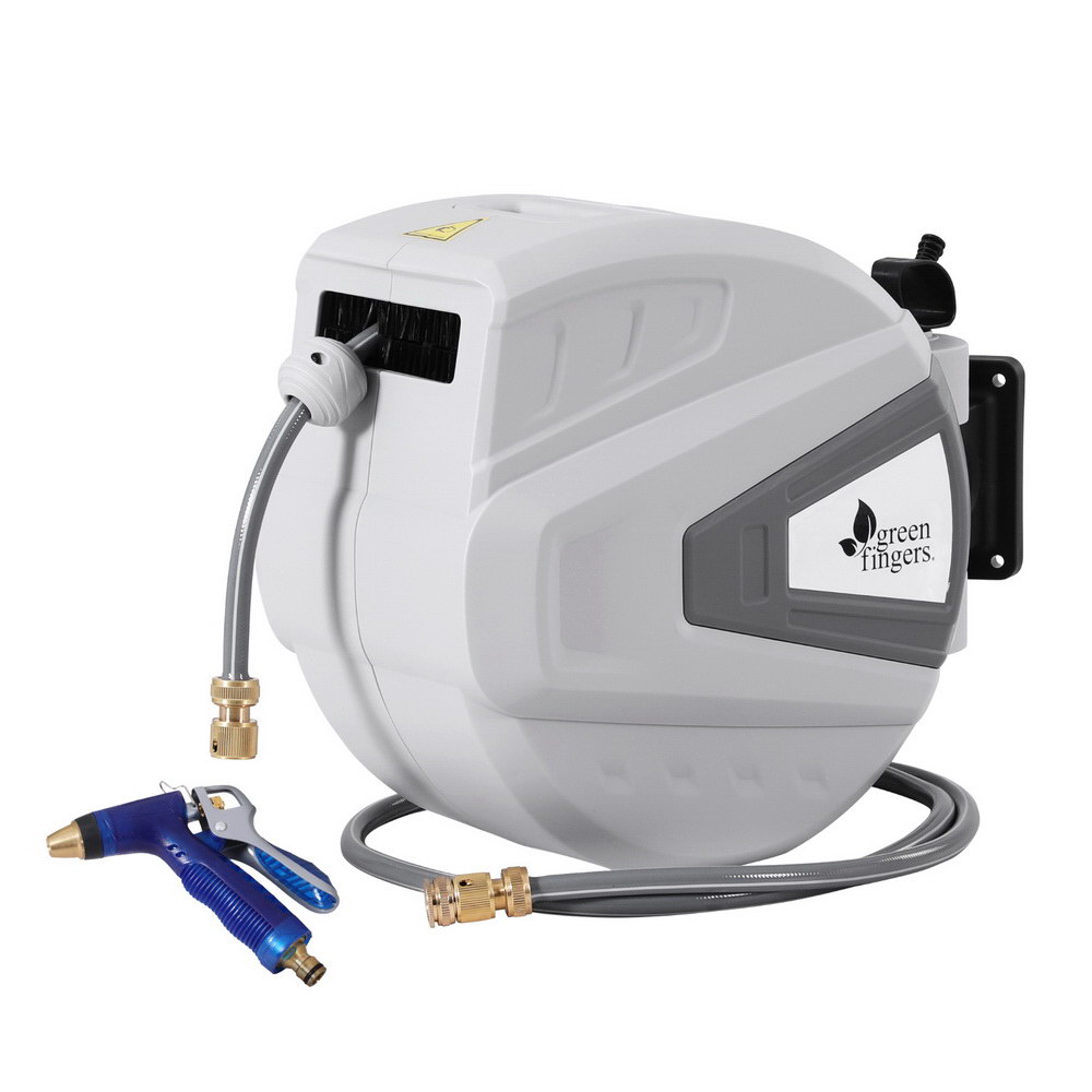 Green Fingers 30M Water Hose Reel Retractable Auto Rewind Wall Mount Garden Spray Gun - Image 1