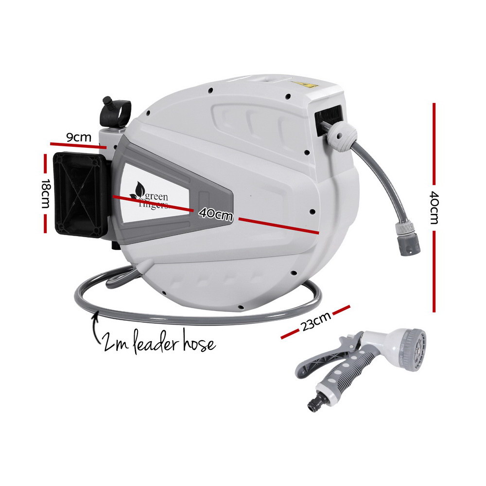 Green Fingers 30M Water Hose Reel Retractable Auto Rewind Wall Mount Garden Spray Gun - Image 2