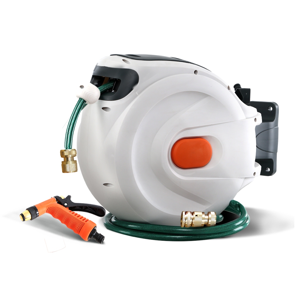 Green Fingers Water Hose Reel 30M Retractable Garden Brass Spray Gun Auto Rewind - Image 1