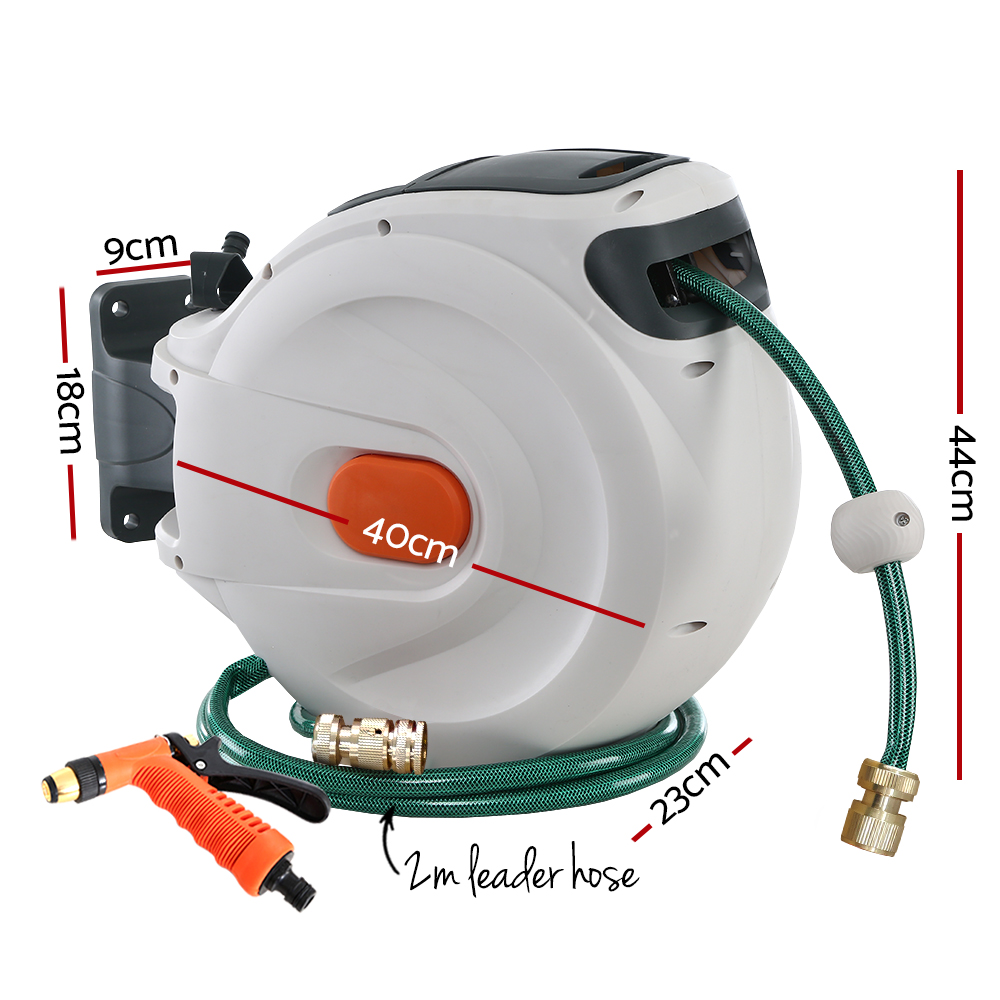 Green Fingers Water Hose Reel 30M Retractable Garden Brass Spray Gun Auto Rewind - Image 2