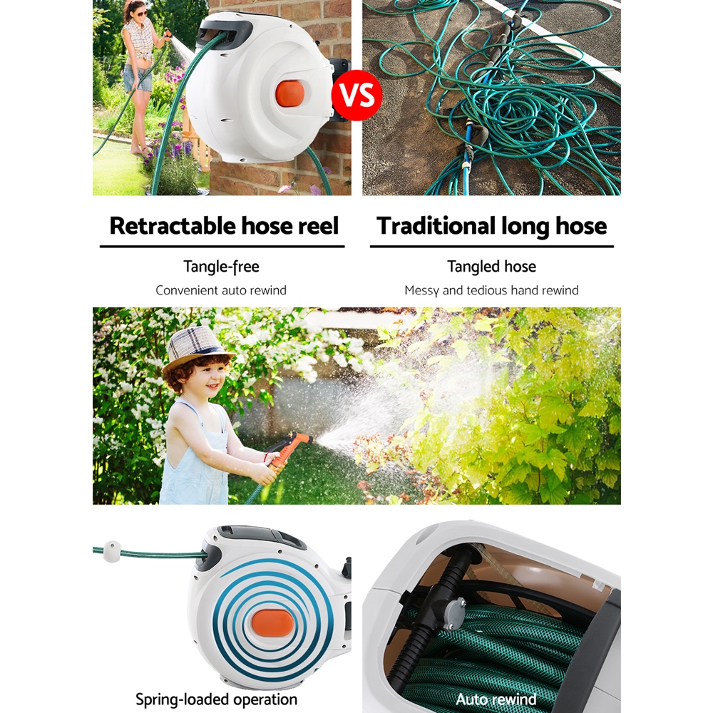 Green Fingers Water Hose Reel 30M Retractable Garden Brass Spray Gun Auto Rewind - Image 4