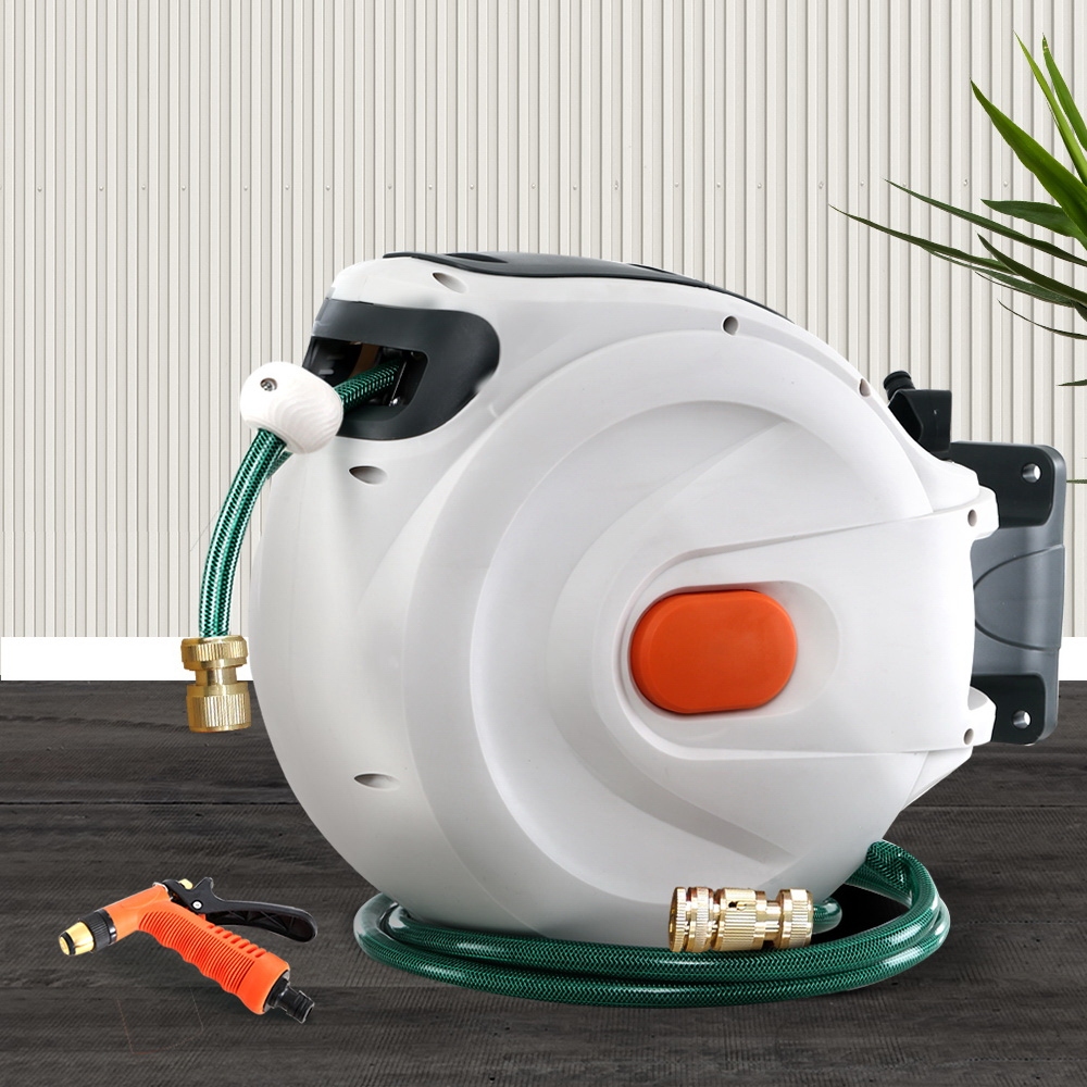 Green Fingers Water Hose Reel 30M Retractable Garden Brass Spray Gun Auto Rewind - Image 7