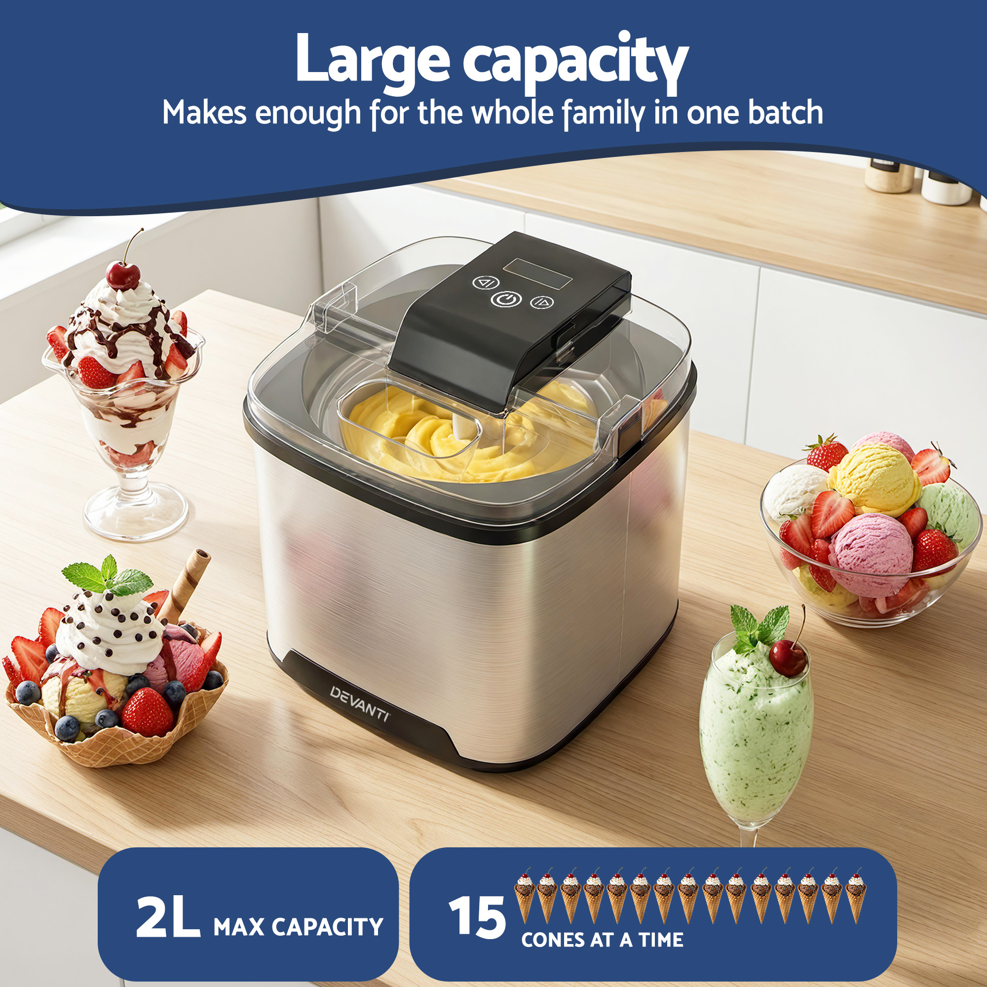 Devanti Ice Cream Maker Machine 2L Homemade Gelato Sorbet Frozen Drinks Sliver - Image 4