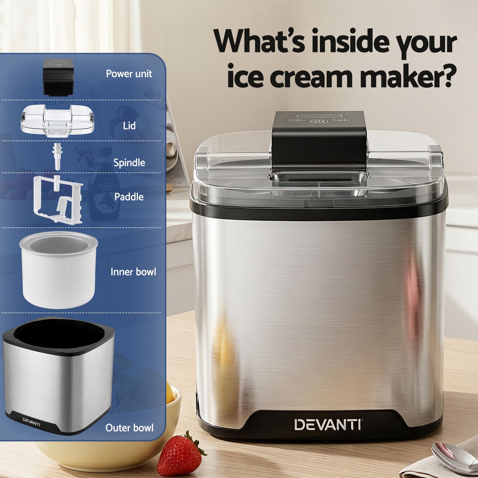Devanti Ice Cream Maker Machine 2L Homemade Gelato Sorbet Frozen Drinks Sliver - Image 5