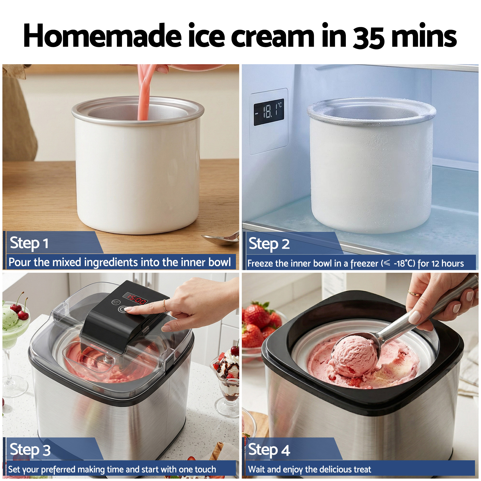 Devanti Ice Cream Maker Machine 2L Homemade Gelato Sorbet Frozen Drinks Sliver - Image 8