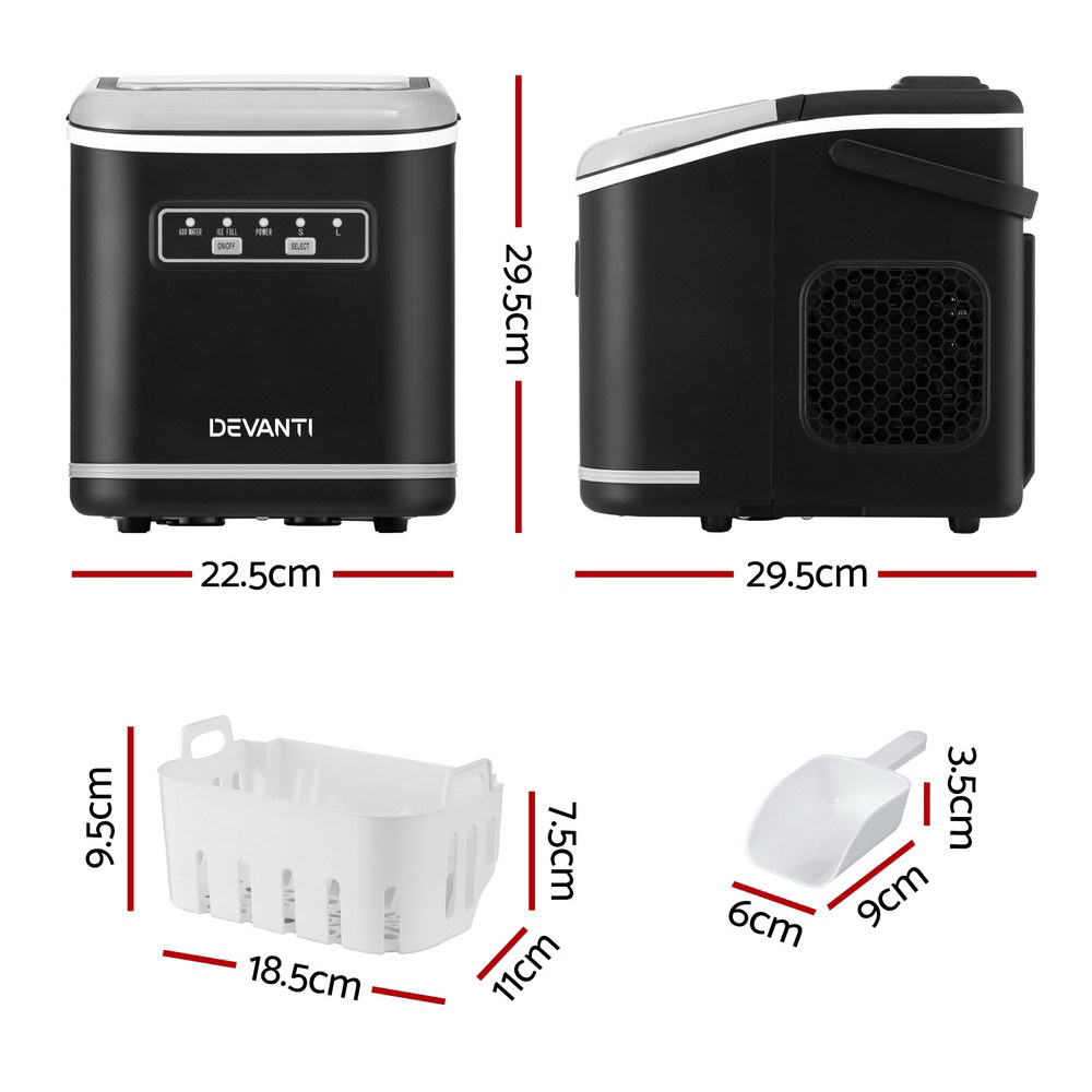 Devanti Ice Maker Machine Portable 12kg Countertop w/Self Cleaning 1.3L Black - Image 2