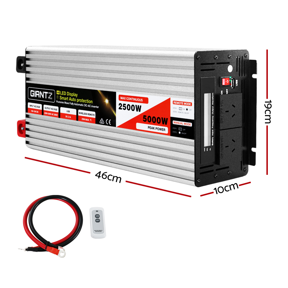 Giantz Power Inverter 12V to 240V 2500W/5000W Pure Sine Wave Camping Car Boat - Image 2