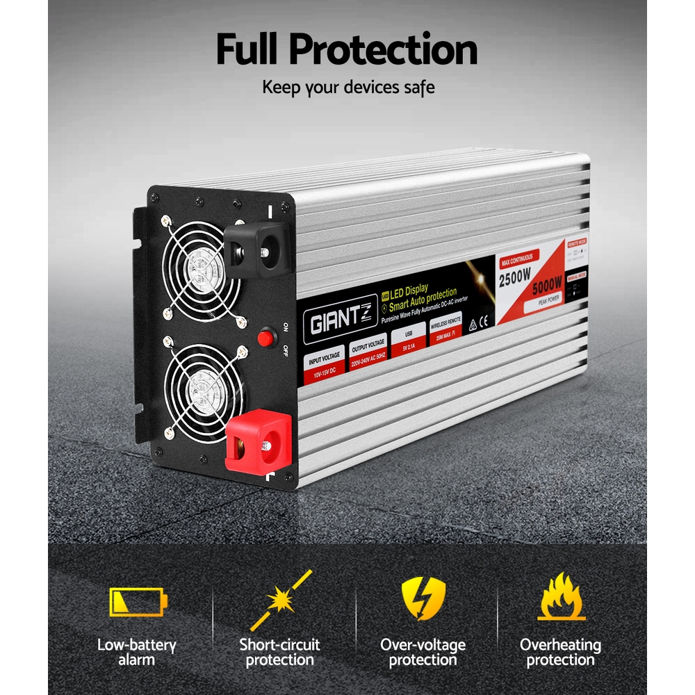 Giantz Power Inverter 12V to 240V 2500W/5000W Pure Sine Wave Camping Car Boat - Image 5