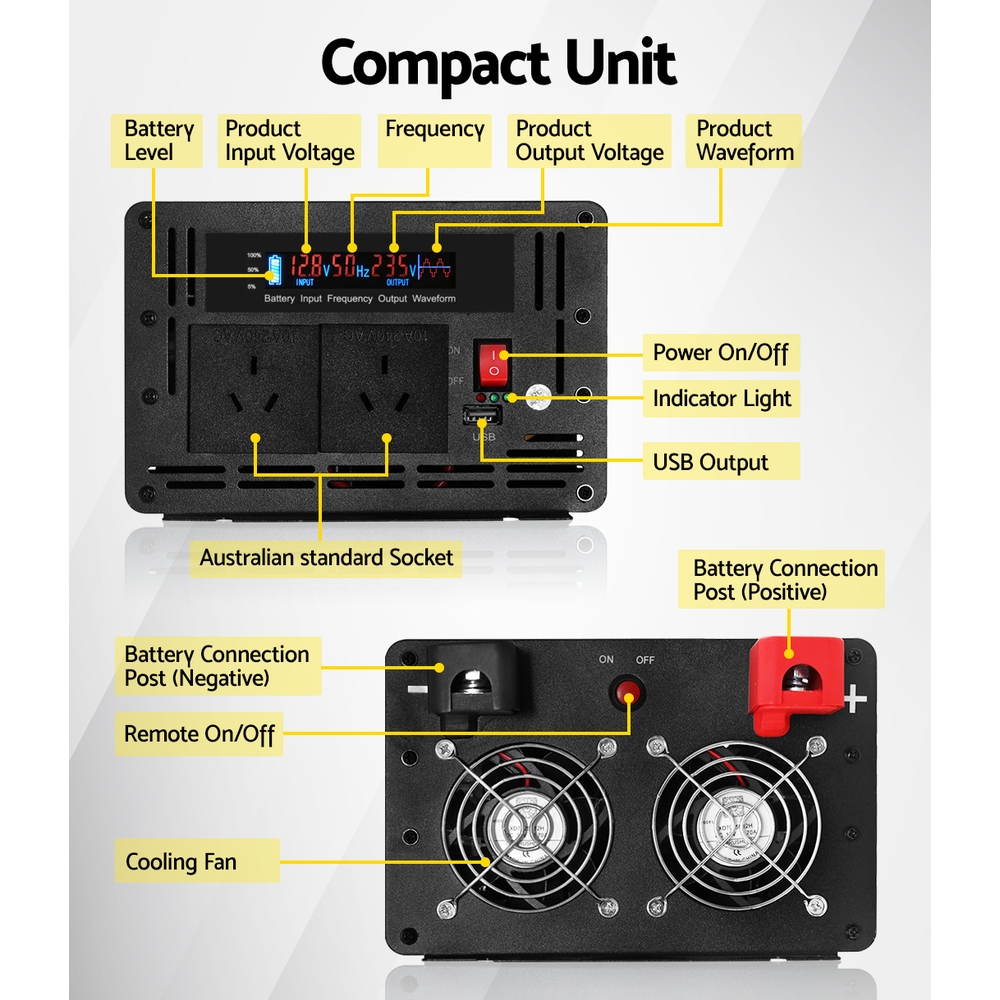 Giantz Power Inverter 12V to 240V 2500W/5000W Pure Sine Wave Camping Car Boat - Image 6