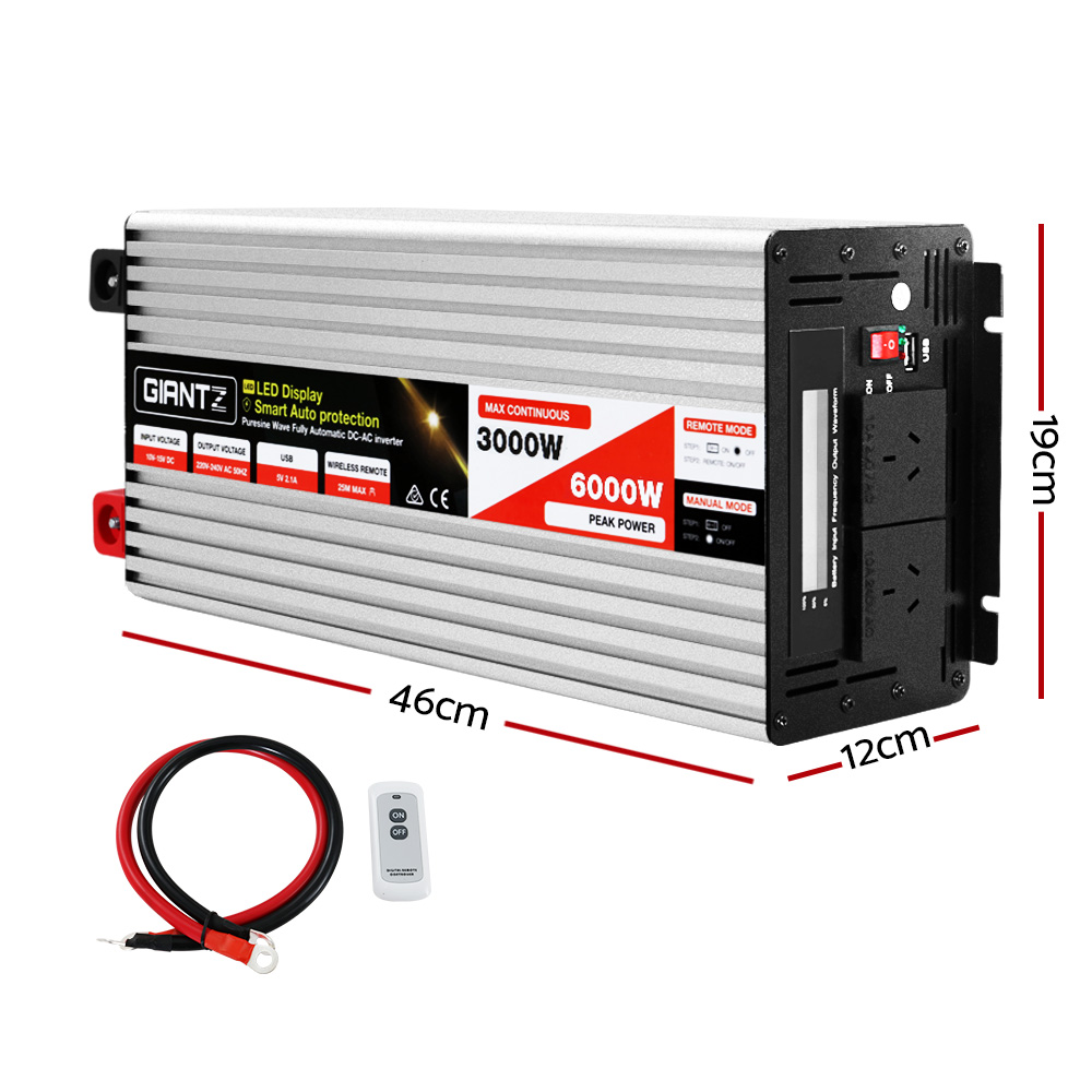 Giantz Power Inverter 3000W or 6000W Pure Sine Wave 12V-240V Camping Boat Caravan - Image 2