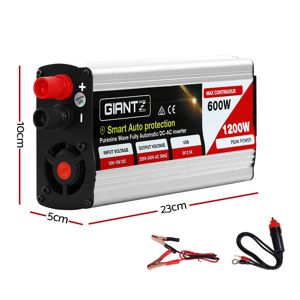 Giantz Power Inverter 600W/1200W 12V to 240V Pure Sine Wave Camping Car Boat - Image 2