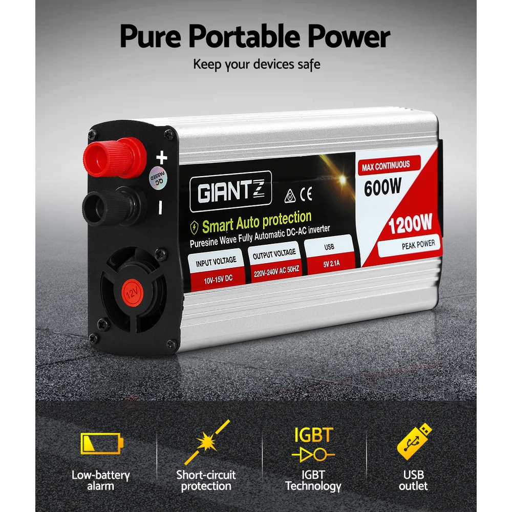 Giantz Power Inverter 600W/1200W 12V to 240V Pure Sine Wave Camping Car Boat - Image 5