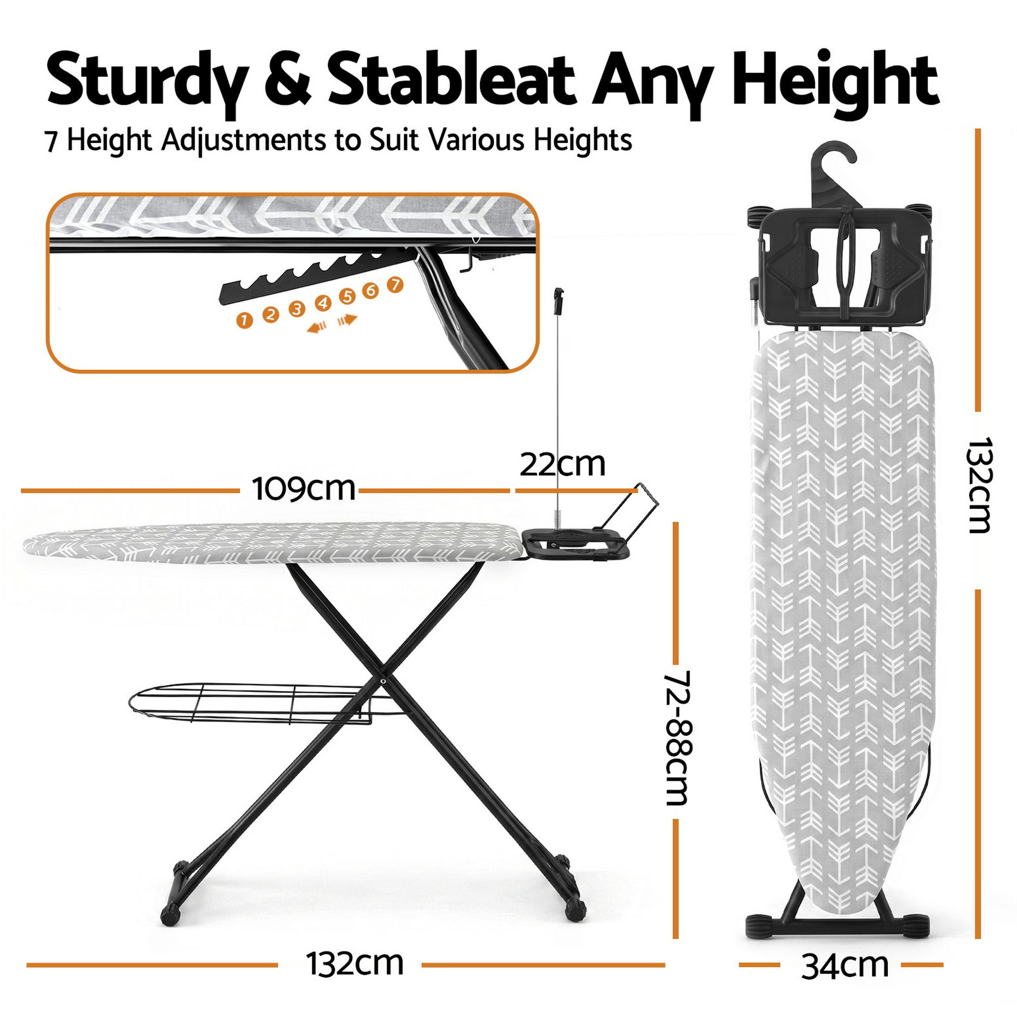 Artiss Foldable Ironing Board with Iron Rest Ironing Board for Laundry Room Arrow - Image 2